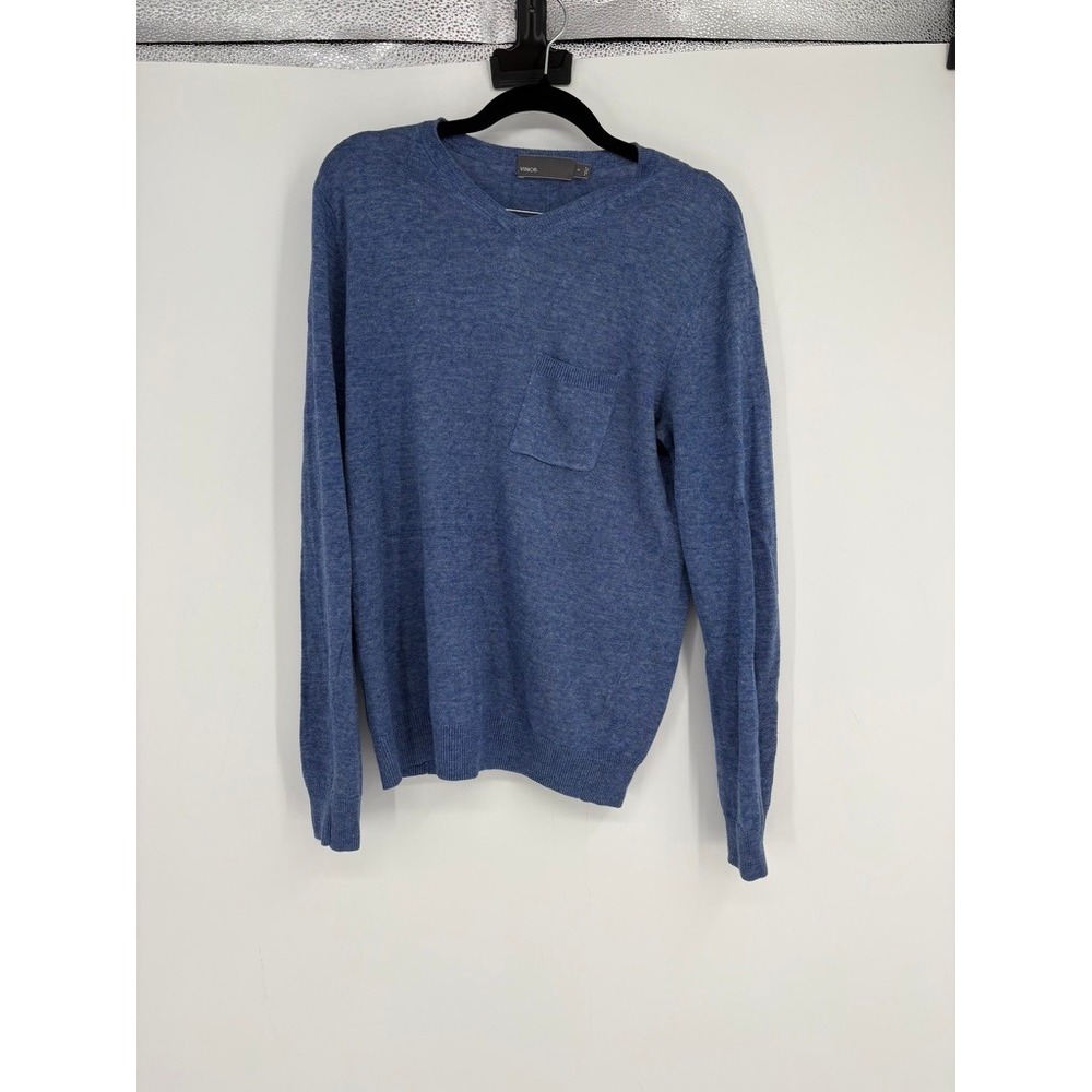 Vince Sweater Mens S Blue Linen Blend V-Neck Pocket Pullover Heathered